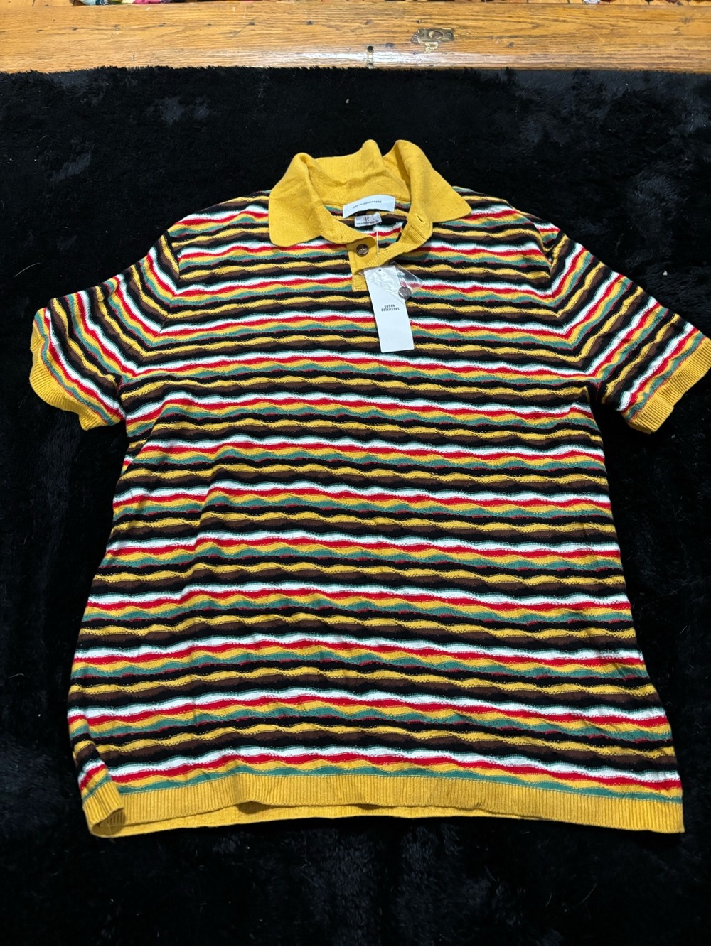 Urban Outfitters Yellow Multicolor Wave-Stripe Knit Polo